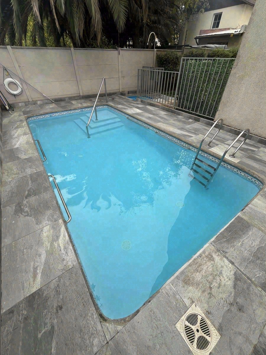 Piscina de condominio con terraza de piedra y palmeras